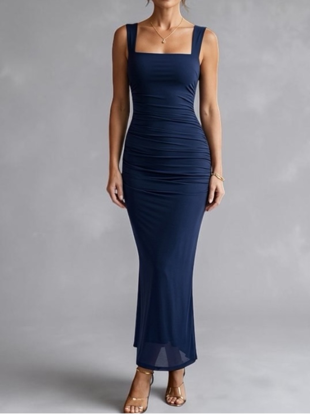 Elegant Maxi Dress Sleeveless Square Neck Pullover Long Navy Blue Size XL NEW